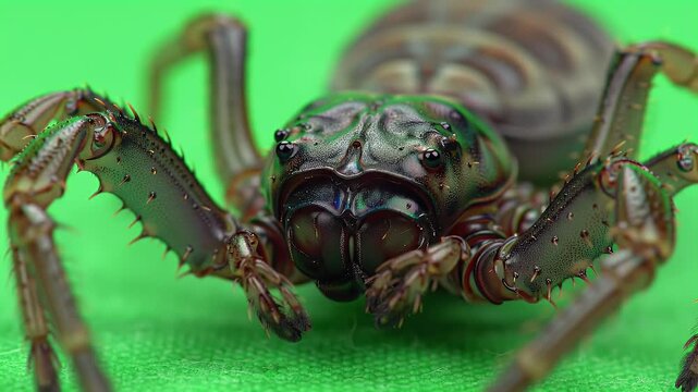 Intricate Macro Close-Up of a Dark Brown Spider's Face and Legs Against a Vibrant Green Background, Showcasing Detailed Eyes and Texture