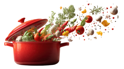cooking pot, fresh vegetables, cooking utensils, flying ingredients, red cookware isolated on a white background