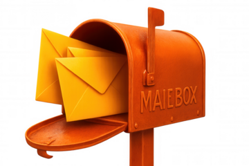 Orange mailbox overflowing with yellow envelopes, isolated on a transparent background, ready for delivery