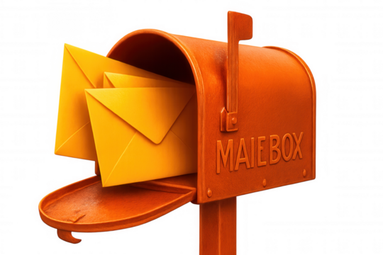 Orange mailbox overflowing with yellow envelopes, isolated on a transparent background, ready for delivery