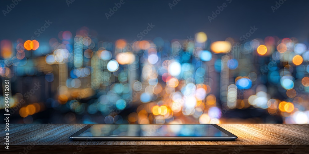 Poster modern computer display with abstract landscape background and blurred city lights in soft tones