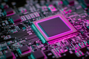 Neon Glowing CPU on Futuristic Computer Motherboard Driving AI Innovation
