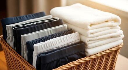 Freshly laundered men's underwear and soft white towels neatly folded in wicker basket, perfect for promoting home organization
