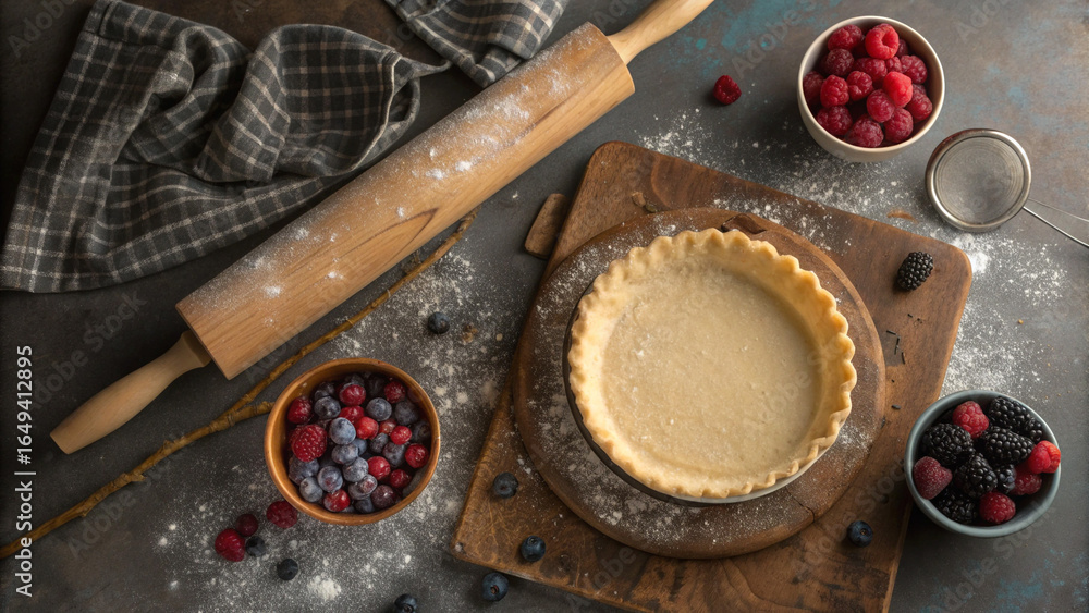 Poster overhead shot of a rustic baking scene with flour and a rolling pin