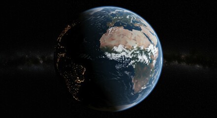 Earth globe showing Africa Europe continents from space with night city lights clouds atmospheric view satellite perspective