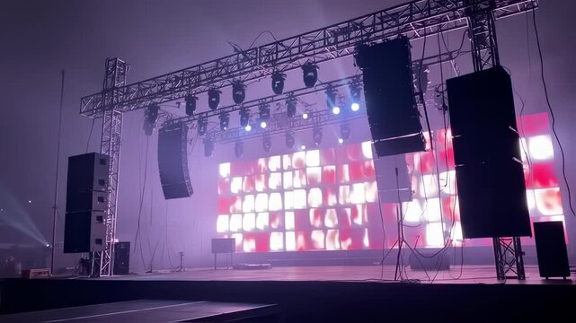 Captivating concert stage setup with dynamic lighting and massive speaker system, creating an