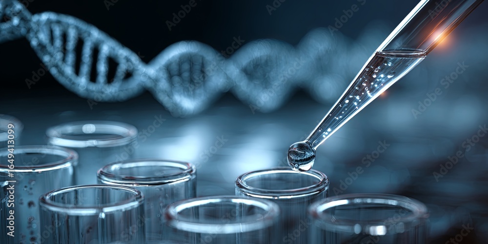 Poster laboratory experiment with pipette and test tubes in a scientific research setting featuring dna str