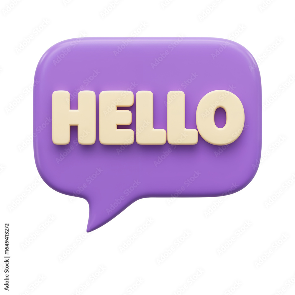 Poster 3d rendered purple speech bubble with the word hello in light yellow letters isolated on transparent