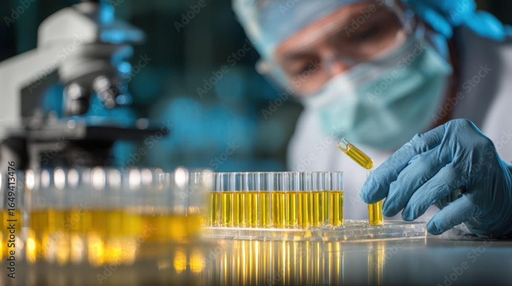 Poster medium shot showing a scientist in protective gear labeling urine vials with precise handling in sha