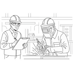 Two industrial workers, one welding, the other reviewing documents, in a factory setting.
