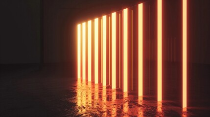 Fototapeta premium Bright orange light beams illuminate a modern hallway at an art gallery, creating a striking visual contrast in the dark space during an evening event