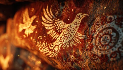 Fototapeta premium Ancient Bird Petroglyphs on Textured Rock Surface with Warm Lighting and Fiery Sparks