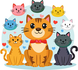 Obraz premium Sweet tabby and gray cats sitting together. Smiling cats surrounded by love symbols. Playful cats in a sunny outdoor. Adorable cat trio in a colorful backdrop. Fun-loving cats with a playful design
