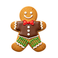 Photo of gingerbread man cookie with red bow tie isolated on transparent background