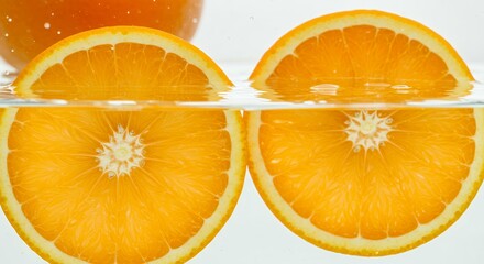 Two fresh orange slices floating at water surface with reflection and bubbles, split view underwater macro photography for citrus freshness concept