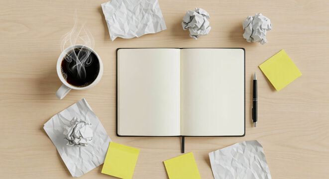 Writer's Block: Blank Page, Coffee, and Crumpled Paper