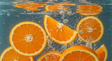 Fresh orange slices and wedges floating in turquoise blue water with splashing bubbles and droplets, dynamic underwater citrus fruit motion photography
