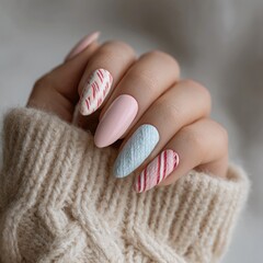 Close-up of manicured nails with a candy cane design.  Pastel colors and a cozy sweater