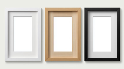 Three variations of empty vertical frames: a white one, a light natural wood one, and a black one, each including a white mat and a black rectangular opening for an image.