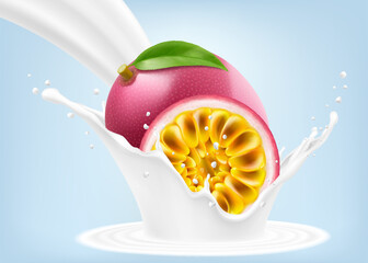 Exotic, tropical passion fruit in splash of yogurt or milk, cocktail splash with drops, Milkshake splash with ripe purple passion fruit. Realistic 3d vector illustration
