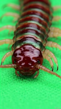 Striking Macro Shot of a Reddish-Brown Centipede with Segmented Body and Many Legs on a Vibrant Green Background, Detailed Insect Close-Up