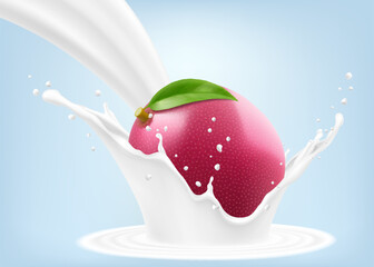 Exotic, tropical passion fruit in splash of yogurt or milk, cocktail splash with drops, Milkshake splash with ripe purple passion fruit. Realistic 3d vector illustration