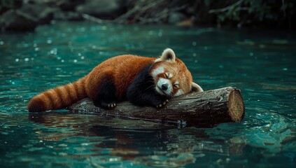 red panda in water