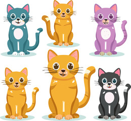 Obraz premium Colorful cartoon kitties with big eyes. Kittens in vibrant, fun colors, poses. Happy and colorful cartoon cat character. Cute illustrated cats in bright colors. Fun, vibrant cartoon cats with big eyes