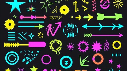 Neon Icons and Graphic Elements on Black Background