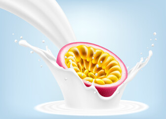 Exotic, tropical passion fruit in splash of yogurt or milk, cocktail splash with drops, Milkshake splash with ripe purple passion fruit. Realistic 3d vector illustration