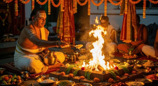 Hindu Priest Conducting Sacred Fire Ceremony Outdoors Under Soft Evening Light