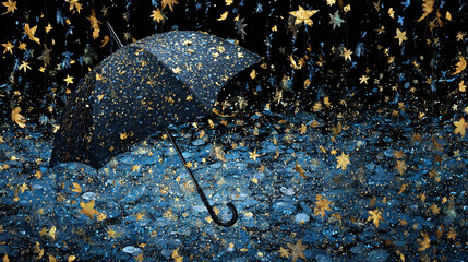 An umbrella with stars and leaves falling from it, against a black background, with blue tones and gold leaf accents. A fantasy, hyper-realistic photograph
