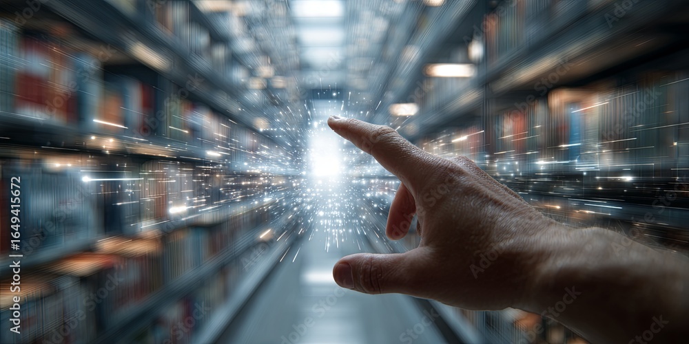 Poster hand reaching towards digital data interface in a modern library environment with books and technolo