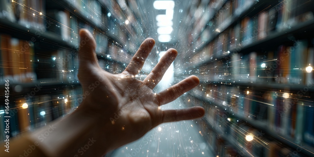 Poster hand reaching towards digital data interface in a modern library environment with books and technolo