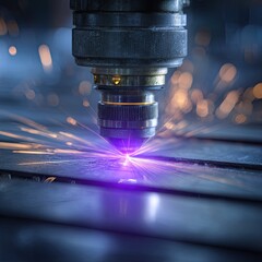 Industrial laser cutting machine in action.  Sparks and heat from a powerful laser cutting metal