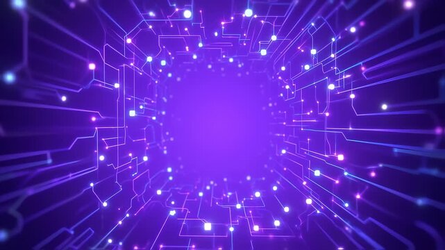 Abstract Technology Tunnel with Glowing Circuit Board Lines and Data Flow Effect