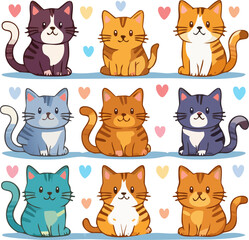 Fototapeta premium Fun kitten illustration with hearts. Playful kittens in pastel colors. Heartwarming cat characters design. Cute cats in bright artwork style. Colorful kitten illustrations with hearts