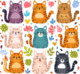 Cute cats collection in playful poses. Colorful cats illustration, joyful expressions. Playful cat artwork with vibrant colors. Sweet, happy cartoon cats. Fun cat characters in cute, colorful style
