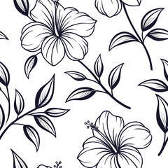 Black outline hibiscus flowers and leaves repeating pattern on white floral seamless