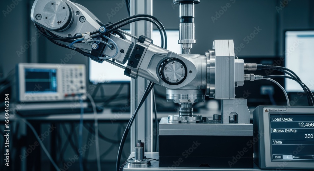 Poster side view of a robotic arm exoskeleton joint undergoing cyclic load application on a computerized fa