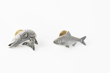 Pewter pin lapel badges Northern Pike and european Roach