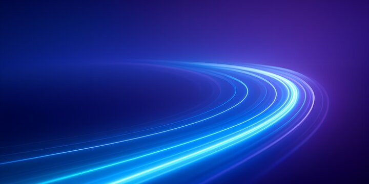Dynamic Abstract Light Trails – Electric Blue and Cyan Motion Against Deep Indigo and Purple Gradient