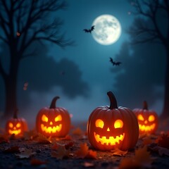 Modern Halloween Background with Pumpkins Jack O Lanterns and Enchanted Forest