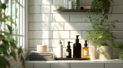 Now in the bathroom, neatly arranged towels and toiletries are on the white table.