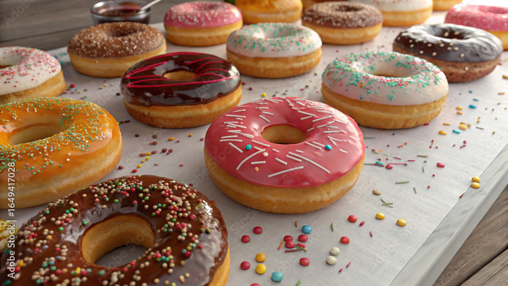 Poster top-down-view-of-a-table-filled-with-different-donuts