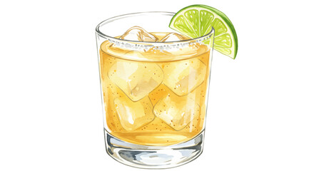 Tommy's Margarita cocktail ,lime wedge , ice , in short glasses. Watercolor illustration, Classic tequila drink concept