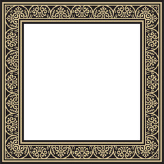 Vector square gold with black border, frame, Pompeii. Rectangle Neopolitan ornament. Art of Ancient Rome. Template for stained glass
