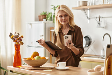 Senior woman enjoying a moment of peace in her sunny kitchen with fresh fruits and a tablet