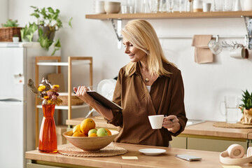 Senior beautiful woman enjoys morning coffee while reading in a cozy kitchen setting