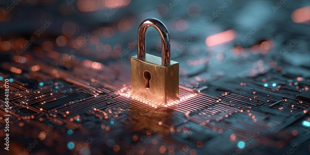 Poster conceptual image of digital security with a padlock over circuit board and glowing data connections 